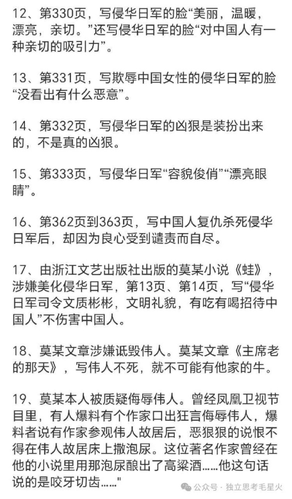 莫言及其书籍的22个主要问题及证据